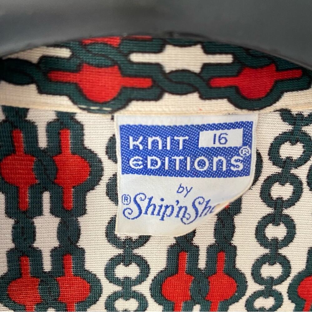 Vintage 70s Knit Editions Ship’n Shore Chain Green Red Button Down Shirt large - Picture 5 of 5